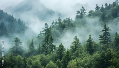 Misty Forest with Towering Pine Trees