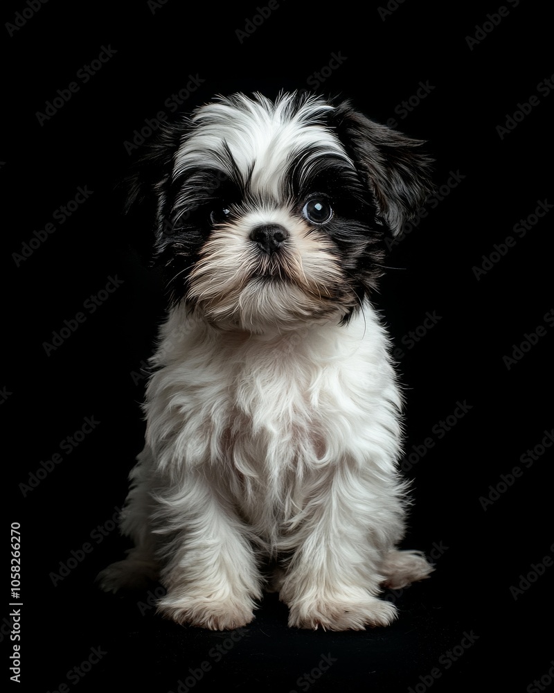 the baby Shih Tzu front view, white copy space on right, Isolated on black Background the baby Shih Tzu front view, white copy space on right, Isolated on black Background