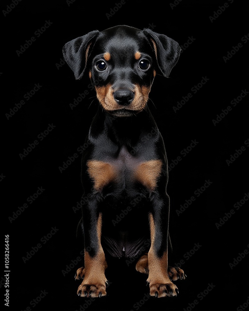 the baby Doberman Pinscher front view, white copy space on right, Isolated on black Background the baby Doberman Pinscher front view, white copy space on right, Isolated on black Background