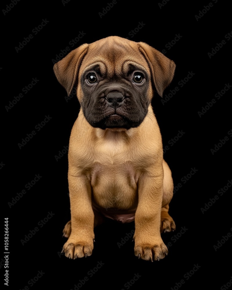 the baby Bullmastiff front view, white copy space on right, Isolated on black Background the baby Bullmastiff front view, white copy space on right, Isolated on black Background
