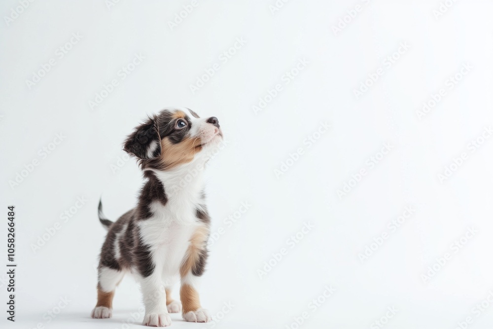 the beside view baby Australian Shepherd standing, left side view, low angle, white copy space on right, Isolated on White Background the beside view baby Australian Shepherd standing, left side view, low angle, white copy space on right, Isolated on White Background