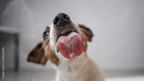 Cuadro en lienzo Jack Russell Terrier dog licking transparent glass on white background