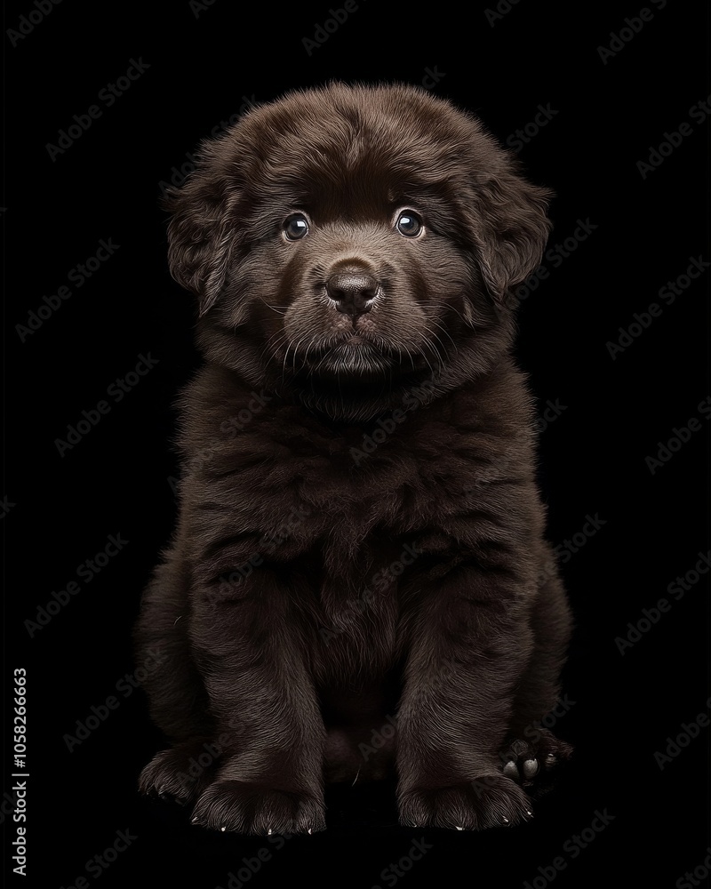 Fototapeta premium the baby Newfoundland front view, white copy space on right, Isolated on black Background