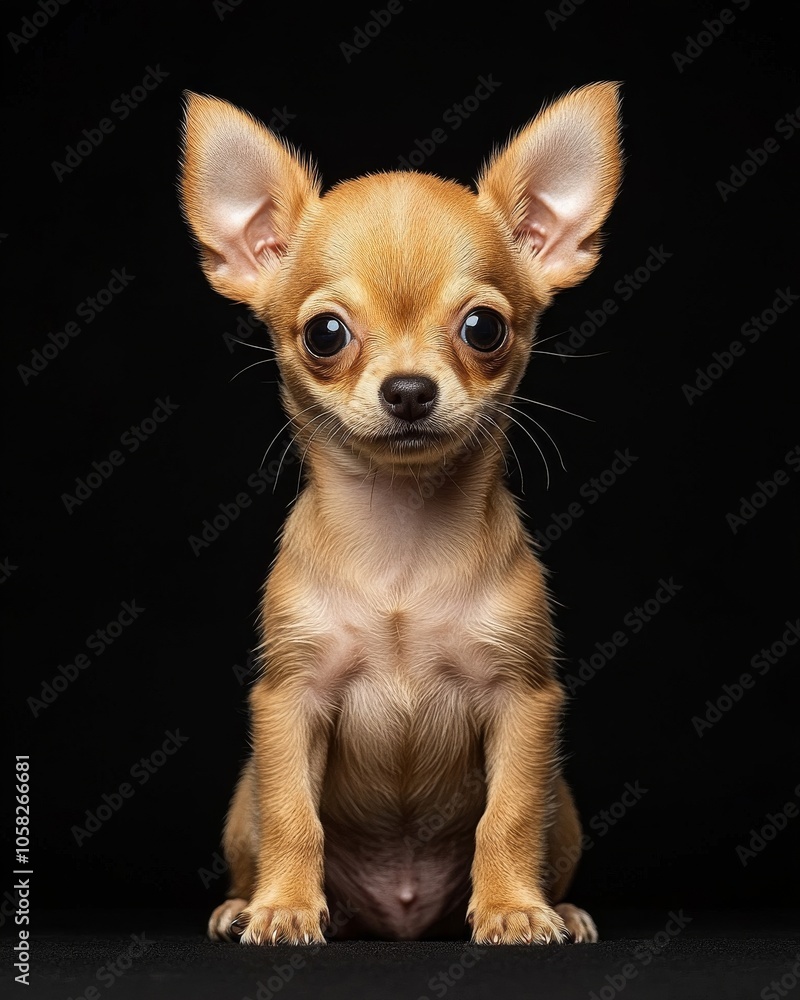 the baby Chihuahua front view, white copy space on right, Isolated on black Background the baby Chihuahua front view, white copy space on right, Isolated on black Background