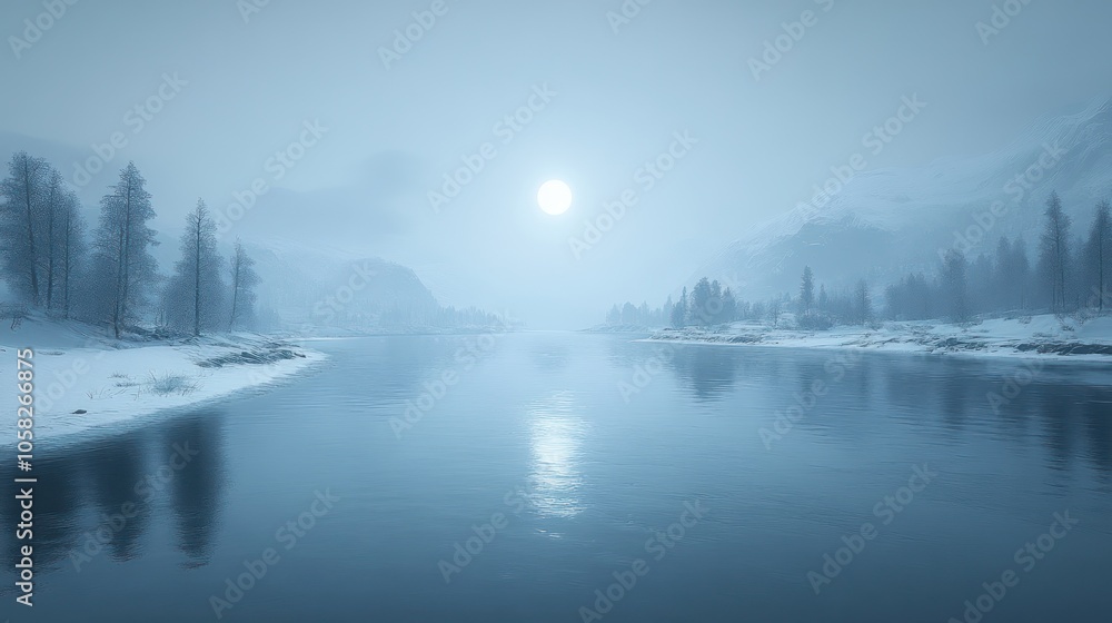 Fototapeta premium A serene, misty winter scene with a still lake, snow-covered mountains, and a bright moon in the sky.