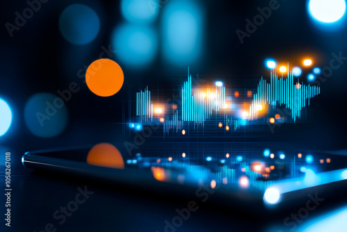 Digital interface with abstract data visualization over a smartphone on a dark background. photo