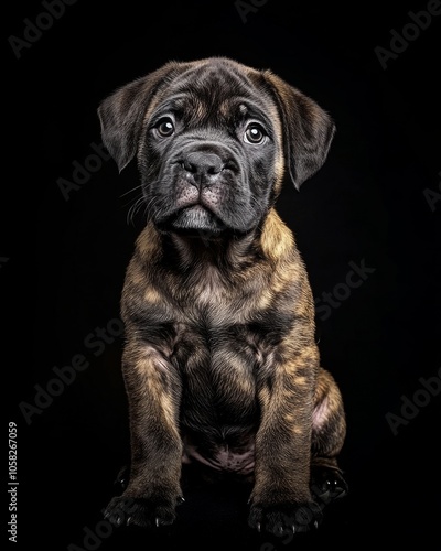 the baby Bullmastiff front view, white copy space on right, Isolated on black Background