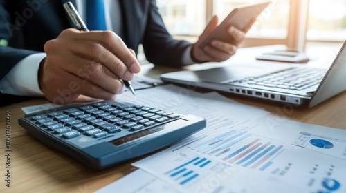 Close-up of a businessman's hands using a calculator, pen and a smartphone while reviewing financial documents on a desk.