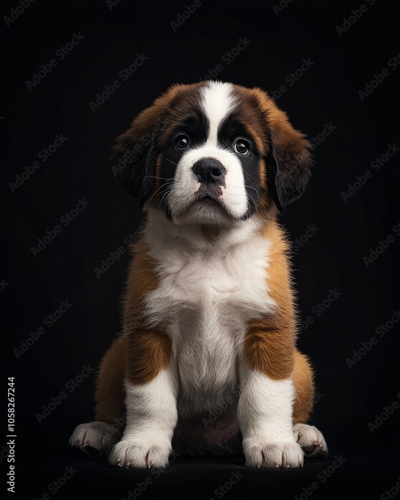 the baby Saint Bernard front view, white copy space on right, Isolated on black Background the baby Saint Bernard front view, white copy space on right, Isolated on black Background