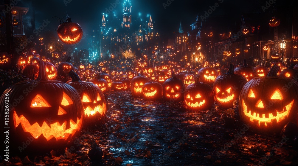 A spooky Halloween scene filled with glowing jack-o'-lanterns. A spooky Halloween scene filled with glowing jack-o'-lanterns.