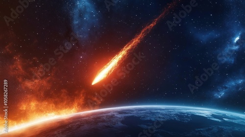 Fototapeta Naklejka Na Ścianę i Meble -  A fiery meteor streaks through space towards Earth, highlighting cosmic dynamics.