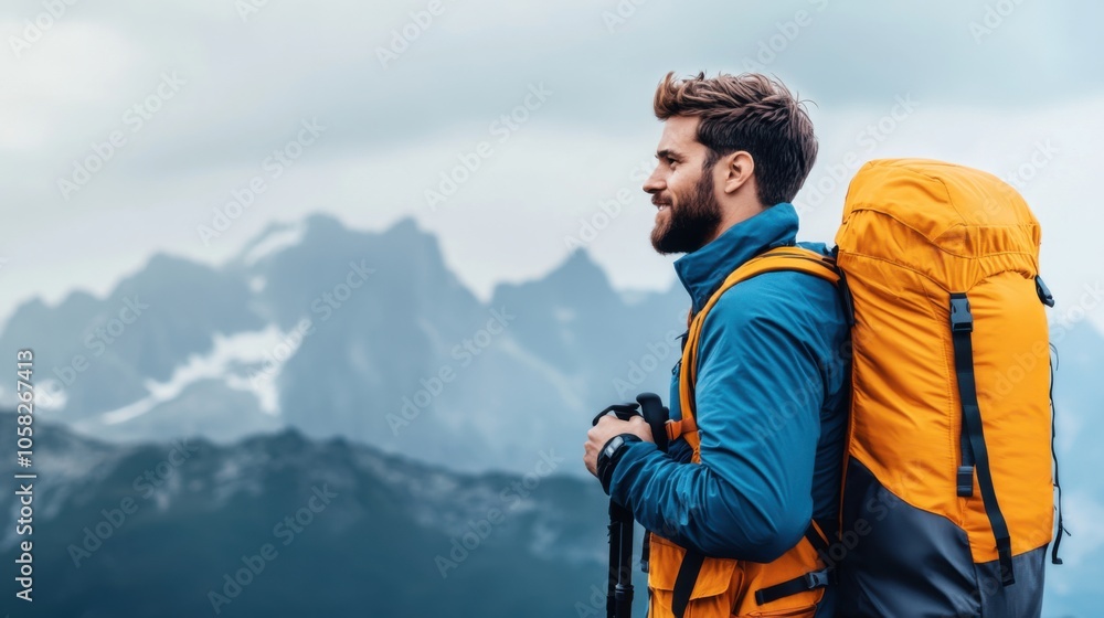 Adventurer on Expedition in Majestic Mountain Landscape Adventurer on Expedition in Majestic Mountain Landscape