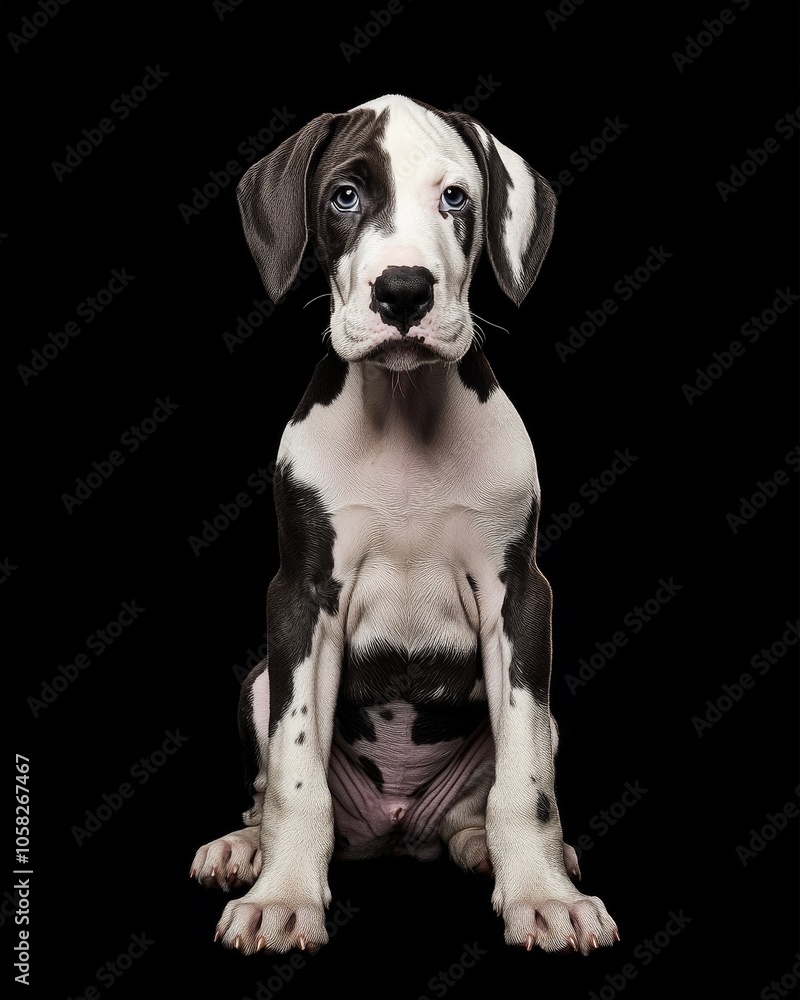 Fototapeta premium the baby Great Dane front view, white copy space on right, Isolated on black Background