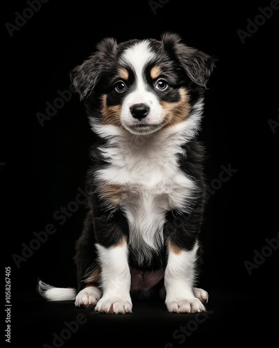 the babyAustralian Shepherd front view, white copy space on right, Isolated on black Background