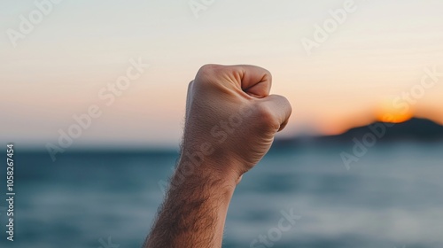 Energetic Fist Pump Against a Beautiful Sunrise