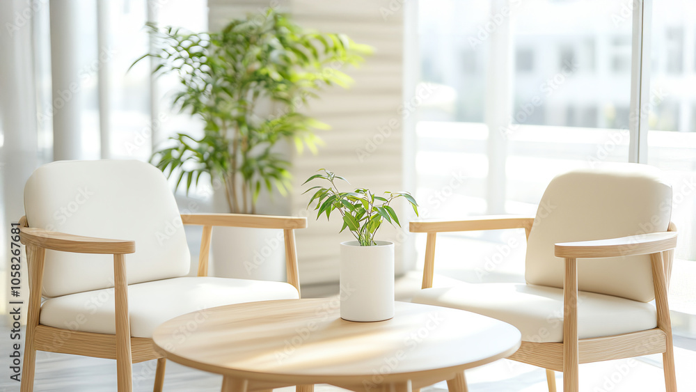 Modern living room with wooden furniture and green plant in cozy natural light. Modern living room with wooden furniture and green plant in cozy natural light.