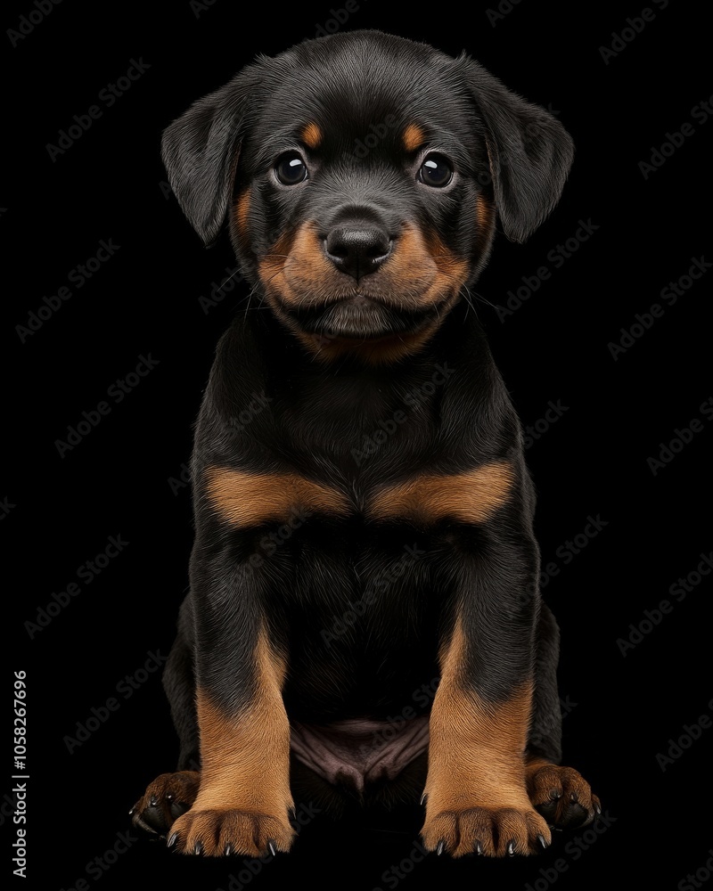 the baby Rottweiler front view, white copy space on right, Isolated on black Background the baby Rottweiler front view, white copy space on right, Isolated on black Background