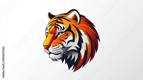 A modern, stylized vector of a smiling tiger head, featuring bold lines and vibrant orange fur texture on a crisp white background. Perfect for logos or mascots. photo