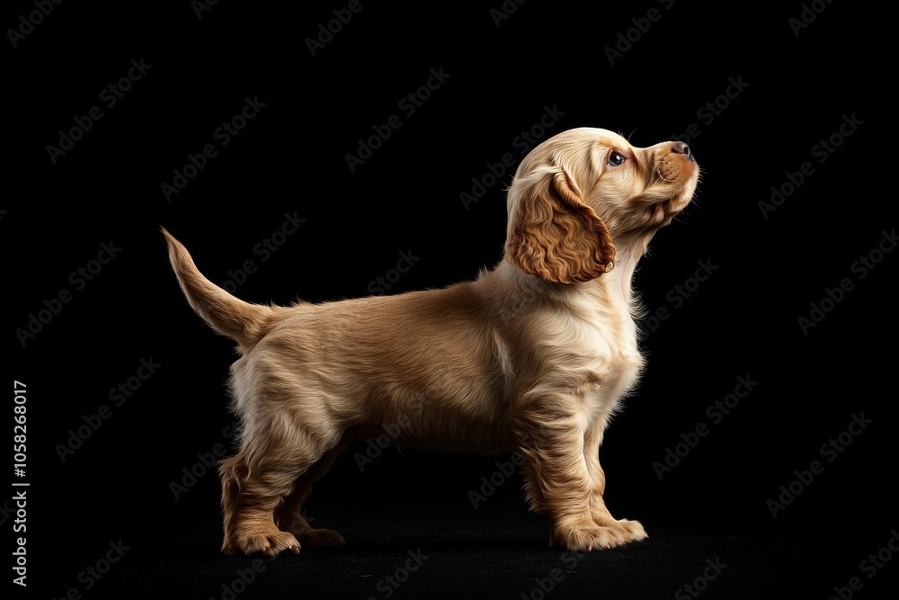 the beside view baby Cocker Spaniel standing, left side view, low angle, white copy space on right, Isolated on black Background the beside view baby Cocker Spaniel standing, left side view, low angle, white copy space on right, Isolated on black Background