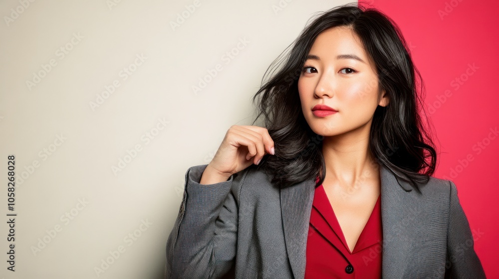 A confident woman poses against a two-tone background. A confident woman poses against a two-tone background.