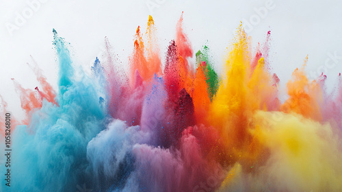 Holi color powder explosion in a rainbow of colors against a clean white background. colorful paint color powder explosion isolated white panorama background. Vibrant explosion of colorful powder. 