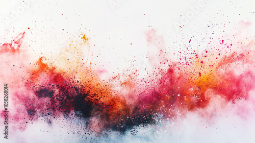 Holi color powder explosion in a rainbow of colors against a clean white background. colorful paint color powder explosion isolated white panorama background. Vibrant explosion of colorful powder. 