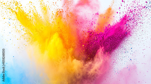 Holi color powder explosion in a rainbow of colors against a clean white background. colorful paint color powder explosion isolated white panorama background. Vibrant explosion of colorful powder. 