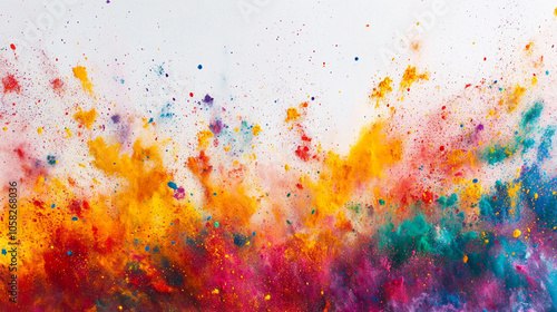 Holi color powder explosion in a rainbow of colors against a clean white background. colorful paint color powder explosion isolated white panorama background. Vibrant explosion of colorful powder. 