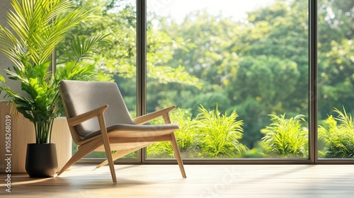 Modern Chair by Window with Lush Greenery Outside