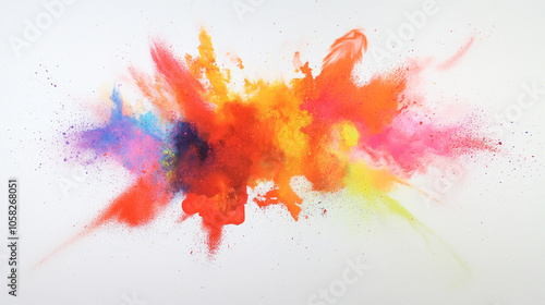 Holi color powder explosion in a rainbow of colors against a clean white background. colorful paint color powder explosion isolated white panorama background. Vibrant explosion of colorful powder. 