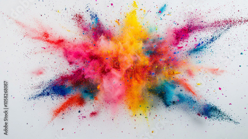 Holi color powder explosion in a rainbow of colors against a clean white background. colorful paint color powder explosion isolated white panorama background. Vibrant explosion of colorful powder. 