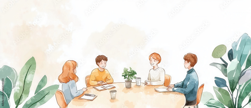 A group of four diverse individuals engaged in a meeting around a table, surrounded by plants, in a bright and minimalist setting. A group of four diverse individuals engaged in a meeting around a table, surrounded by plants, in a bright and minimalist setting.