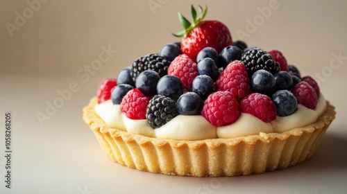 Artistic photography of a fresh fruit tart with a perfect balance of colorful berries and smooth