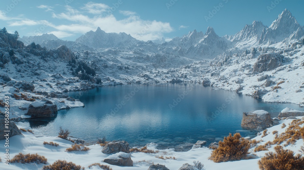 A serene mountain lake with snowy peaks and a clear blue sky. A serene mountain lake with snowy peaks and a clear blue sky.