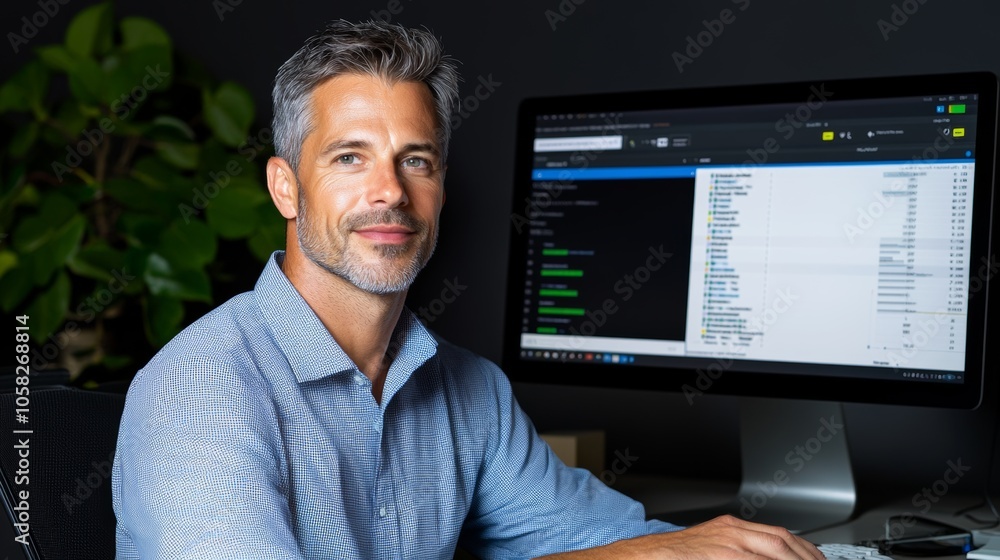 Professional Man Analyzing Data on Computer Monitor Professional Man Analyzing Data on Computer Monitor
