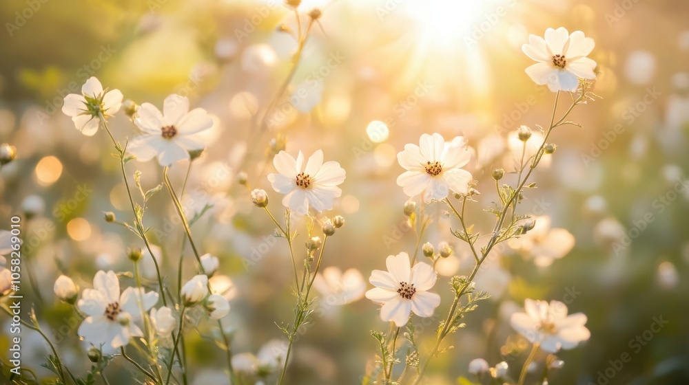 Close-up of delicate wildflowers with intricate details and soft sunlight filtering through, set Close-up of delicate wildflowers with intricate details and soft sunlight filtering through, set