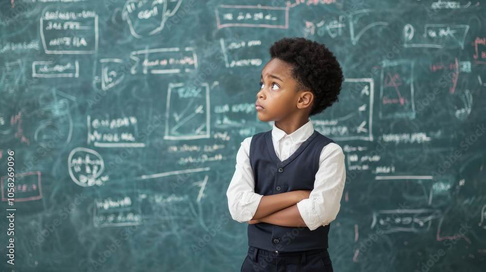 A thoughtful young boy stands confidently in front of a chalkboard filled with complex equations and drawings, exuding curiosity and intelligence. A thoughtful young boy stands confidently in front of a chalkboard filled with complex equations and drawings, exuding curiosity and intelligence.
