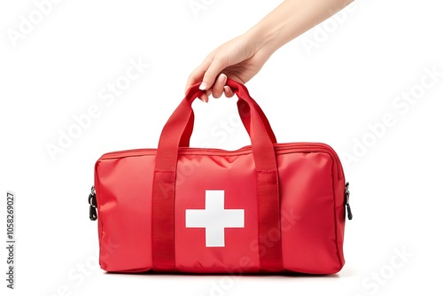 Female hand holding red first aid medical kit bag isolated on white background photo