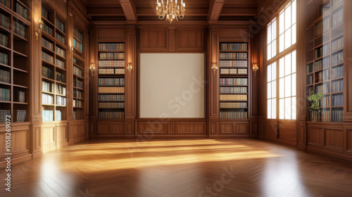 Elegant library interior featuring wooden bookshelves, warm lighting, and spacious layout. room exudes classic charm, perfect for reading and relaxation