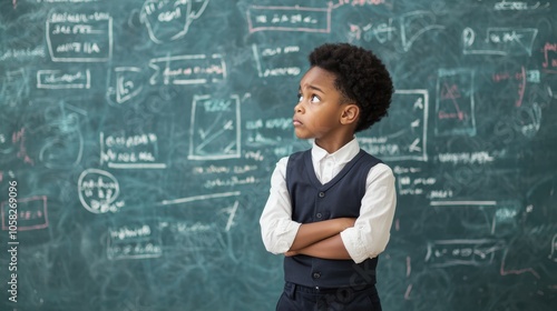 A thoughtful young boy stands confidently in front of a chalkboard filled with complex equations and drawings, exuding curiosity and intelligence.