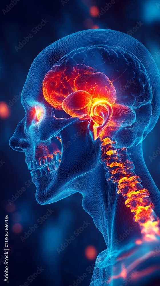 Illustration of human head pain, with a blue background and a glowing red and orange area around the joint in focus Illustration of human head pain, with a blue background and a glowing red and orange area around the joint in focus
