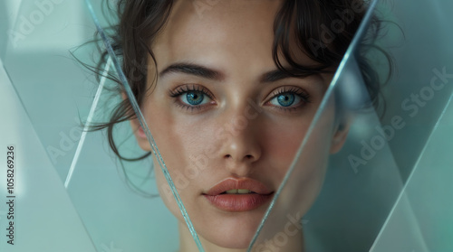 An illustrtration of a woman surrounded by triangles or pyramids made of glass. Studio portrait. The model has short dark hair and blue eyes. photo