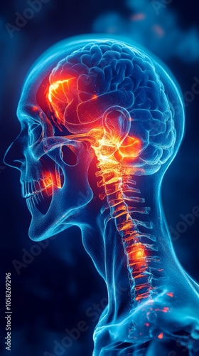 Illustration of human head pain, with a blue background and a glowing red and orange area around the joint in focus