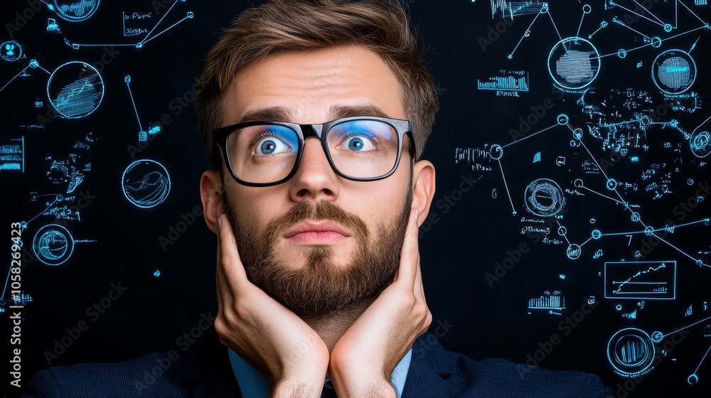 Professional Man Analyzing Data with Holographic Elements Professional Man Analyzing Data with Holographic Elements