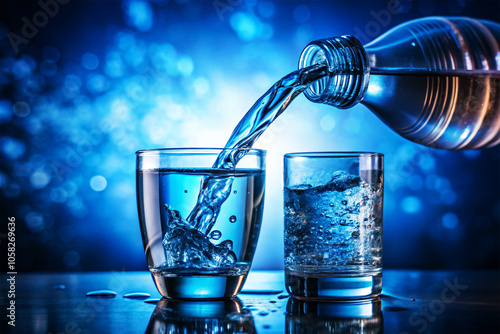 Pouring water from bottle into glass on blue background, water drops into glass photo