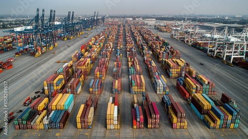 Aerial view of a busy shipping port with numerous stacked containers and cranes. photo