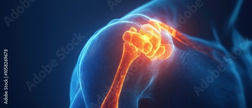 Illustration of human shoulder pain, with a blue background and a glowing red and orange area around the joint in focus. 