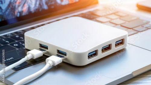 A Sleek USB hub with multiple ports connected to various devices, showcasing modern design and functionality in a tech-focused setup. 