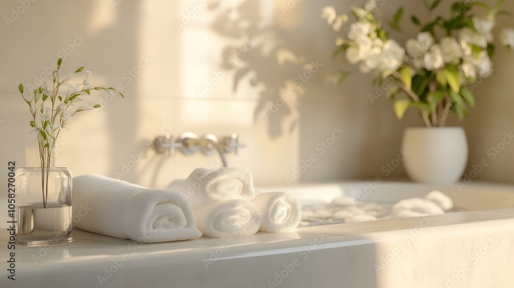 Relaxing Bathroom with Towels and Flowers Relaxing Bathroom with Towels and Flowers
