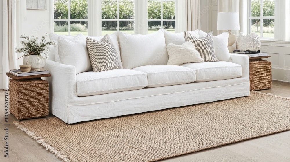 Fototapeta premium Cozy White Sofa in Bright Living Room Setting